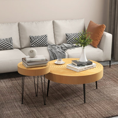 Costway Set Of 2 Round Nesting Coffee Table Solid Wood Accent Stacking Boho Side Tables - image 1