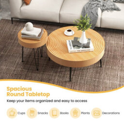 Costway Set Of 2 Round Nesting Coffee Table Solid Wood Accent Stacking Boho Side Tables - thumbnail 8