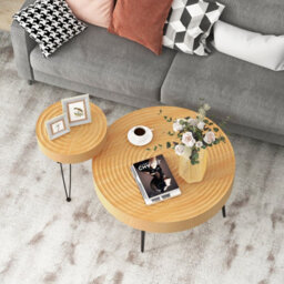 Costway Set Of 2 Round Nesting Coffee Table Solid Wood Accent Stacking Boho Side Tables - thumbnail 4