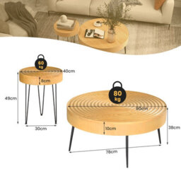 Costway Set Of 2 Round Nesting Coffee Table Solid Wood Accent Stacking Boho Side Tables - thumbnail 3