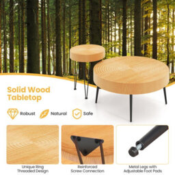 Costway Set Of 2 Round Nesting Coffee Table Solid Wood Accent Stacking Boho Side Tables - thumbnail 6