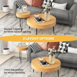 Costway Set Of 2 Round Nesting Coffee Table Solid Wood Accent Stacking Boho Side Tables - thumbnail 5