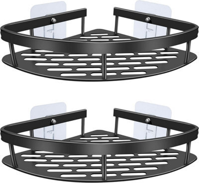 1 Pack Corner shower shelf, 2 stainless steel shelves, drill-free installation, with 4 hooks black - image 1