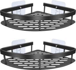 1 Pack Corner shower shelf, 2 stainless steel shelves, drill-free installation, with 4 hooks black