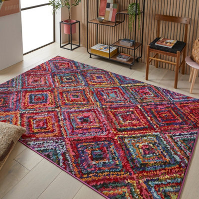 Multi Geometric Modern Easy To Clean Chequered  Rug For Dining Room-200Cm X 290Cm - image 1