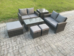 Fimous 7 Seater High Back Rattan Garden Furniture Sofa Sets With Rectangular Coffee Table Side Table 3 Footstools Loveseat Sofa - thumbnail 2