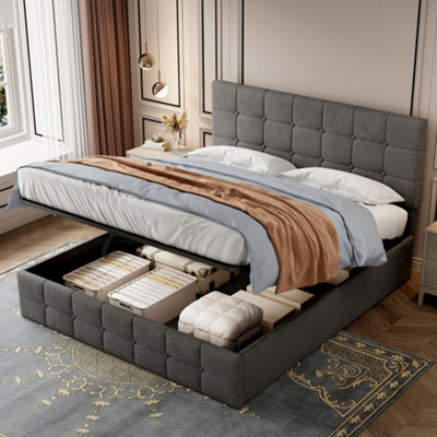 Btm Velvet Double Ottoman Bed Frame, Hydraulic Storage, Adjustable Tufted Headboard, Metal Wood Support, Grey - image 1