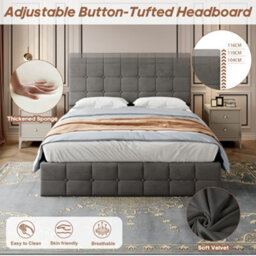 Btm Velvet Double Ottoman Bed Frame, Hydraulic Storage, Adjustable Tufted Headboard, Metal Wood Support, Grey - thumbnail 4