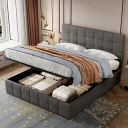 Btm Velvet Double Ottoman Bed Frame, Hydraulic Storage, Adjustable Tufted Headboard, Metal Wood Support, Grey - thumbnail 1