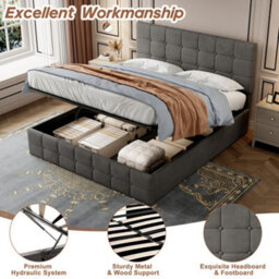 Btm Velvet Double Ottoman Bed Frame, Hydraulic Storage, Adjustable Tufted Headboard, Metal Wood Support, Grey - thumbnail 6