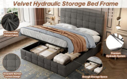 Btm Velvet Double Ottoman Bed Frame, Hydraulic Storage, Adjustable Tufted Headboard, Metal Wood Support, Grey - thumbnail 8