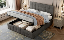 Btm Velvet Double Ottoman Bed Frame, Hydraulic Storage, Adjustable Tufted Headboard, Metal Wood Support, Grey - thumbnail 9