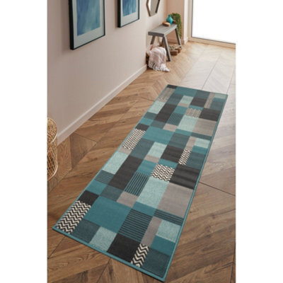 Melrose Colorama Montreal Blue Teal Square Design Medium Indoor Area Runner Rug 060/200Cm - image 1