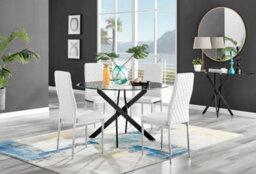 Furniturebox Uk Novara Black Leg 120Cm Round Glass Dining Table & 4 White Milan Chrome Leg Chairs - thumbnail 1