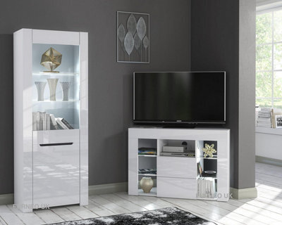 Furneo High Gloss & Matt White Living Room Set Corner Tv Stand Display Cabinet White Led Lights - image 1