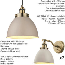 Ceiling Pendant Lamp & 2X Matching Wall Light Pack Industrial Grey Brass Shade - thumbnail 2