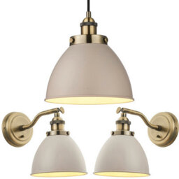 Ceiling Pendant Lamp & 2X Matching Wall Light Pack Industrial Grey Brass Shade - thumbnail 1