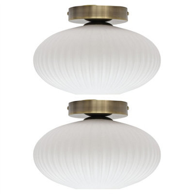 First Choice Lighting Set Of 2 Baton - White Ribbed Oval Glass Antique Brass Ceiling Lights - image 1