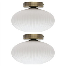 First Choice Lighting Set Of 2 Baton - White Ribbed Oval Glass Antique Brass Ceiling Lights - thumbnail 1