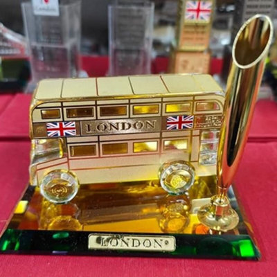 Biznest London Bus Ornament Pan Holder Glass Gold, Best For Gift, Home Office