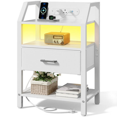 Led Bedside Table With Charging Station & Fabric Drawer, Modern Bedside Cabinet For Living Room And Bedroom, White - image 1