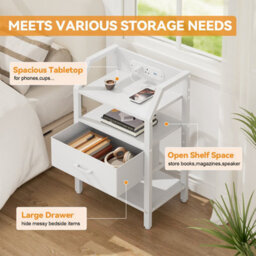 Led Bedside Table With Charging Station & Fabric Drawer, Modern Bedside Cabinet For Living Room And Bedroom, White - thumbnail 5