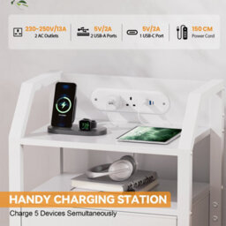 Led Bedside Table With Charging Station & Fabric Drawer, Modern Bedside Cabinet For Living Room And Bedroom, White - thumbnail 4