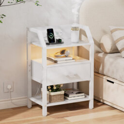 Led Bedside Table With Charging Station & Fabric Drawer, Modern Bedside Cabinet For Living Room And Bedroom, White - thumbnail 2