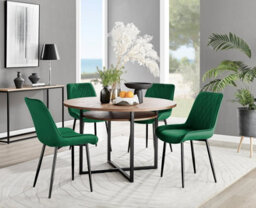 Furniturebox Adley Brown Wood Effect And Black Round Dining Table With Storage Shelf And 4 Green Velvet Black Leg Pesaro Dining Chairs