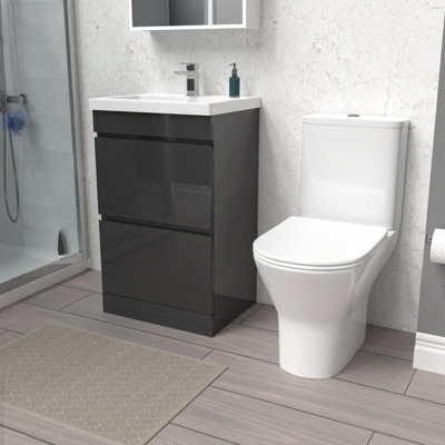 Nes Home 500mm Gloss Anthracite 2 Drawers Basin Vanity & Close Coupled Toilet - image 1