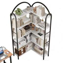 5-Tier Corner Bookshelf, Industrial Etagere Bookcase   White