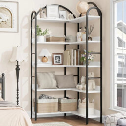 5-Tier Corner Bookshelf, Industrial Etagere Bookcase   White - thumbnail 4