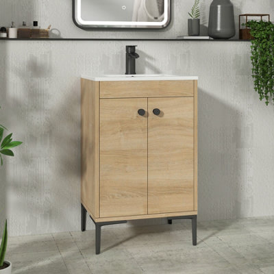 Royal Bathrooms Verona 500mm Natural Oak Floor Standing Bathroom Vanity Unit 2 Door With Minimalist Basin & Matt Black Knob - image 1