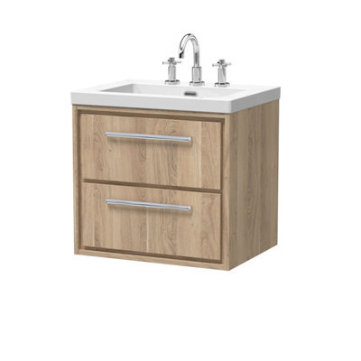 Hudson Reed Lille Wall Hung Two Drawer Contemporary Vanity Unit With 3 Tap Hole Basin In Bleached Oak, 613 X 462mm - image 1