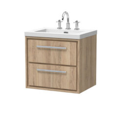 Hudson Reed Lille Wall Hung Two Drawer Contemporary Vanity Unit With 3 Tap Hole Basin In Bleached Oak, 613 X 462mm - thumbnail 1