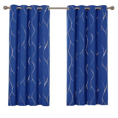 Deconovo Blackout Eyelet Thermal Insulated Curtains, Gold Wave Foil Printed Ring Top Curtains, W52 X L63 Inch, Royal Blue, 1 Pair - image 1