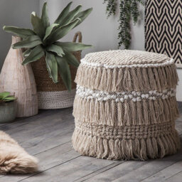 Beliani Beige Handwoven Cotton Pouffe With Tassels, Round Moroccan-Style Footstool 44Cm - thumbnail 2