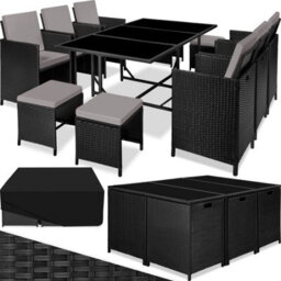 Tectake Garden Table And Chairs Malaga - 10 Seats With Cushions, Dining Table, Rain Cover - Black/grey - thumbnail 1