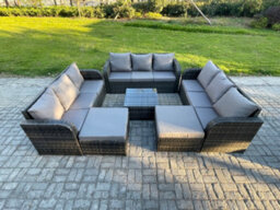 Fimous 11 Seater Outdoor Rattan Garden Furniture Set Conservatory Patio Sofa Coffee Table With 2 Big Footstool Dark Grey Mixed - thumbnail 1