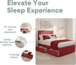 "6Ft Luxury Red Plush Divan Super King Bed Frame With Mattress, 20"" Vertical Line Headboard, Bed With 2 Storage Drawers" - thumbnail 3
