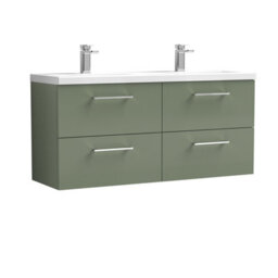 Balterley Bramshall 1200mm Wall Hung 4 Drawer Vanity Unit With Double Basin For Modern Bathroom Storage - Satin Green - thumbnail 1