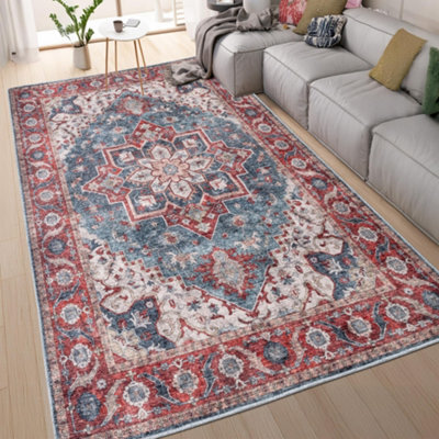 Homeart Machine Washable Rug Cotton, Low Pile Carpet With Non Slip Backing Non-Shedding Area Rugs Traditional Red Blue, 160X230 Cm - image 1