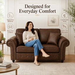Gamzo Outlet 3+2 Seater Sofa Set Full Back Leather Couch With Strong Wooden Frame And Padded Curved Arms - thumbnail 3