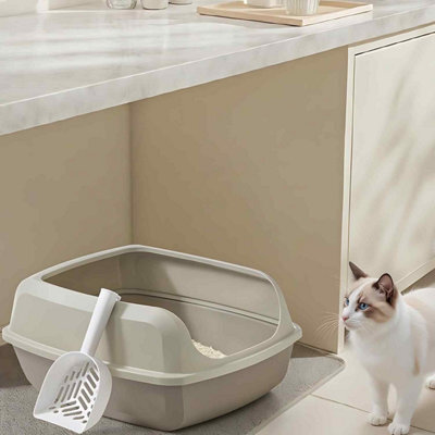 High Sided Xxl Cat Litter Box, Open Litter Tray With Scoop For Kittens And Adult Cats, Cappuccino Beige - image 1