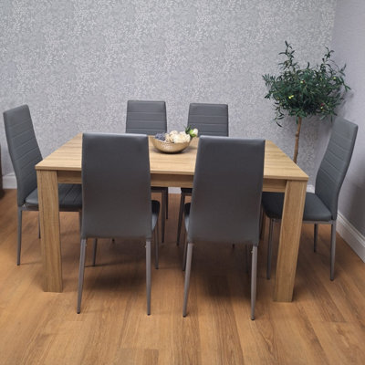 Kosy Koala Oak Effect Dining Table Set With 6 Grey Faux Leather Chairs Dining Room Furniture - image 1