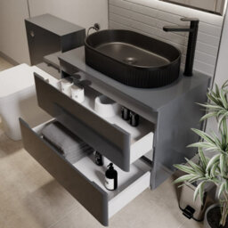 Affine 800mm Bathroom Countertop Vanity Unit Oval Fluted Basin Wall Hung Grey Gloss - thumbnail 3