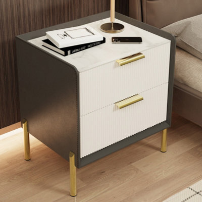 Fativo  53Cm H Wooden Bedside Table Drawers Side Table Nightstand W/ Marble Top & Leather Sides - image 1