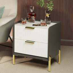 Fativo  53Cm H Wooden Bedside Table Drawers Side Table Nightstand W/ Marble Top & Leather Sides - thumbnail 9