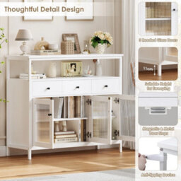 Sideboard Storage Cabinet Kitchen Cabinet With Glass Doors Drawers 108X38X98.5Cm White - thumbnail 5