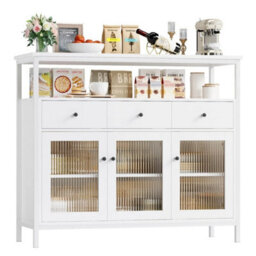 Sideboard Storage Cabinet Kitchen Cabinet With Glass Doors Drawers 108X38X98.5Cm White - thumbnail 1